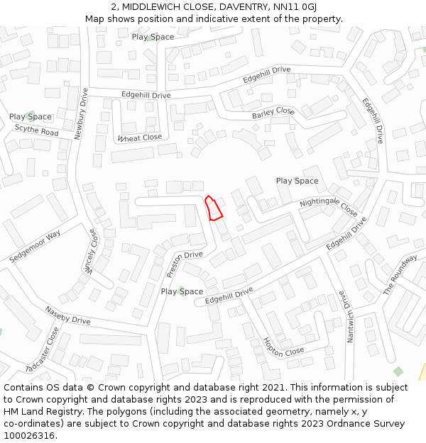 2, MIDDLEWICH CLOSE, DAVENTRY, NN11 0GJ: Location map and indicative extent of plot