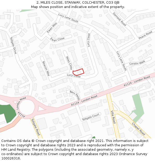 2, MILES CLOSE, STANWAY, COLCHESTER, CO3 0JB: Location map and indicative extent of plot