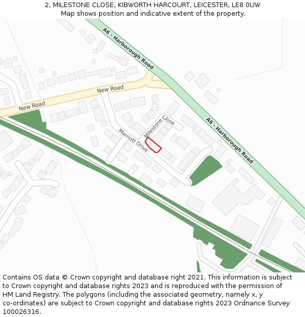 2, MILESTONE CLOSE, KIBWORTH HARCOURT, LEICESTER, LE8 0UW: Location map and indicative extent of plot