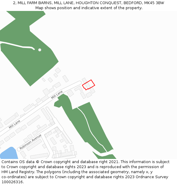 2, MILL FARM BARNS, MILL LANE, HOUGHTON CONQUEST, BEDFORD, MK45 3BW: Location map and indicative extent of plot