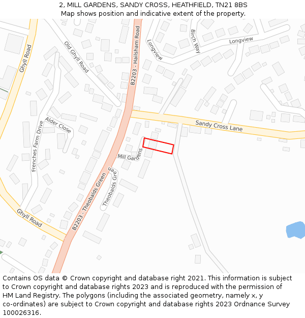 2, MILL GARDENS, SANDY CROSS, HEATHFIELD, TN21 8BS: Location map and indicative extent of plot