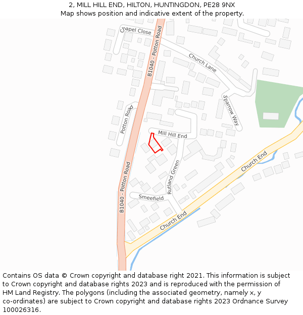 2, MILL HILL END, HILTON, HUNTINGDON, PE28 9NX: Location map and indicative extent of plot