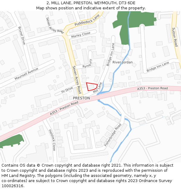 2, MILL LANE, PRESTON, WEYMOUTH, DT3 6DE: Location map and indicative extent of plot