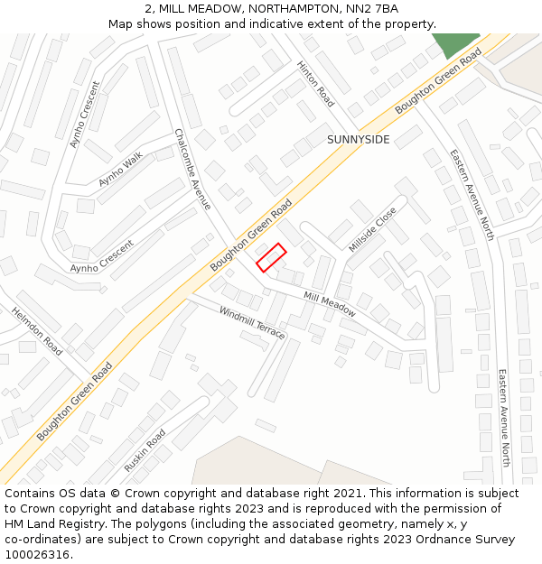 2, MILL MEADOW, NORTHAMPTON, NN2 7BA: Location map and indicative extent of plot