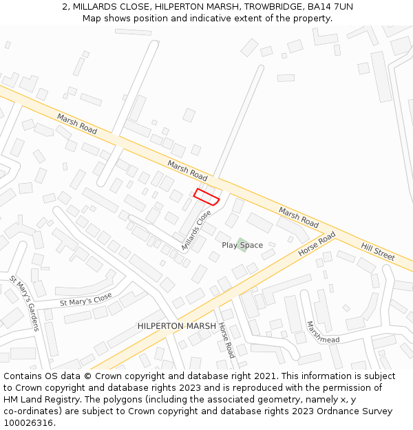 2, MILLARDS CLOSE, HILPERTON MARSH, TROWBRIDGE, BA14 7UN: Location map and indicative extent of plot