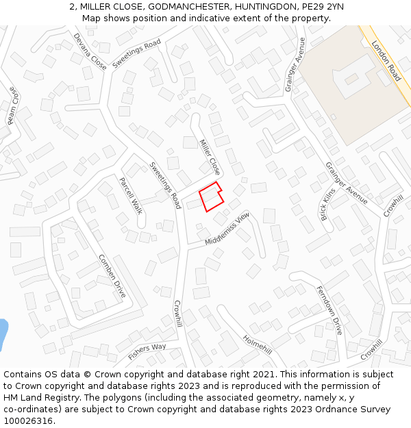 2, MILLER CLOSE, GODMANCHESTER, HUNTINGDON, PE29 2YN: Location map and indicative extent of plot