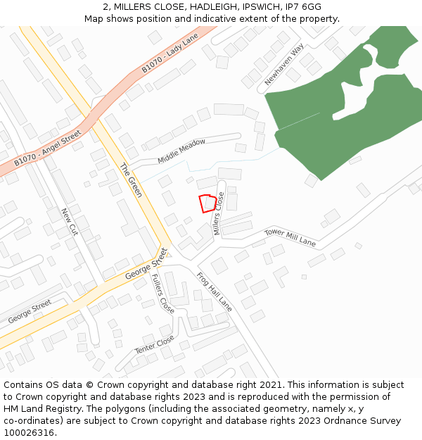 2, MILLERS CLOSE, HADLEIGH, IPSWICH, IP7 6GG: Location map and indicative extent of plot