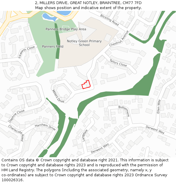 2, MILLERS DRIVE, GREAT NOTLEY, BRAINTREE, CM77 7FD: Location map and indicative extent of plot