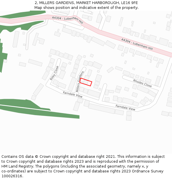 2, MILLERS GARDENS, MARKET HARBOROUGH, LE16 9FE: Location map and indicative extent of plot