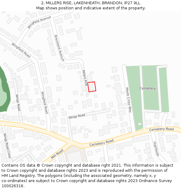 2, MILLERS RISE, LAKENHEATH, BRANDON, IP27 9LL: Location map and indicative extent of plot