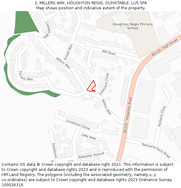 2, MILLERS WAY, HOUGHTON REGIS, DUNSTABLE, LU5 5FA: Location map and indicative extent of plot