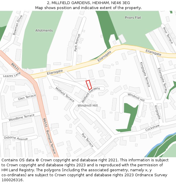 2, MILLFIELD GARDENS, HEXHAM, NE46 3EG: Location map and indicative extent of plot