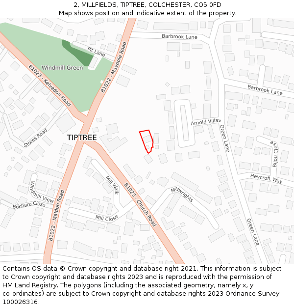 2, MILLFIELDS, TIPTREE, COLCHESTER, CO5 0FD: Location map and indicative extent of plot