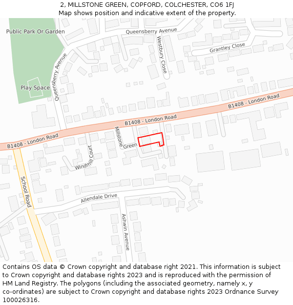 2, MILLSTONE GREEN, COPFORD, COLCHESTER, CO6 1FJ: Location map and indicative extent of plot