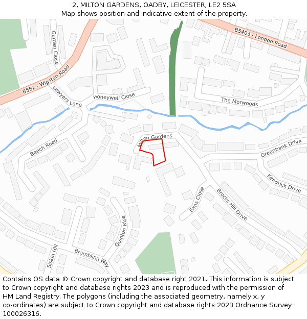 2, MILTON GARDENS, OADBY, LEICESTER, LE2 5SA: Location map and indicative extent of plot