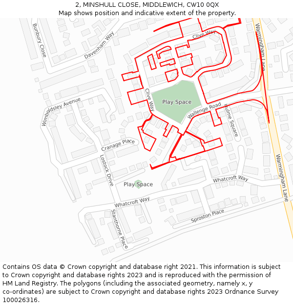 2, MINSHULL CLOSE, MIDDLEWICH, CW10 0QX: Location map and indicative extent of plot