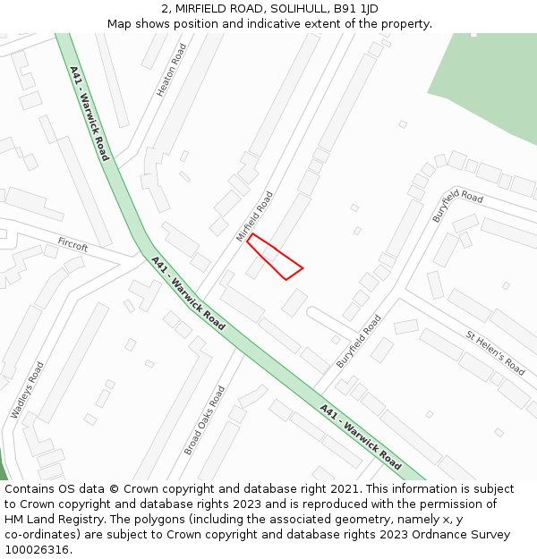 2, MIRFIELD ROAD, SOLIHULL, B91 1JD: Location map and indicative extent of plot