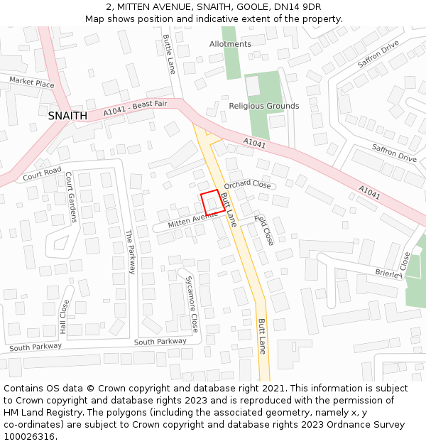 2, MITTEN AVENUE, SNAITH, GOOLE, DN14 9DR: Location map and indicative extent of plot