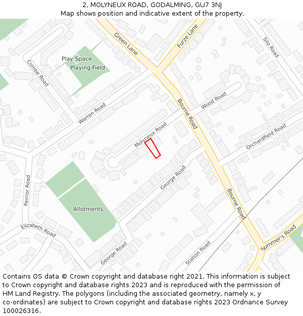 2, MOLYNEUX ROAD, GODALMING, GU7 3NJ: Location map and indicative extent of plot