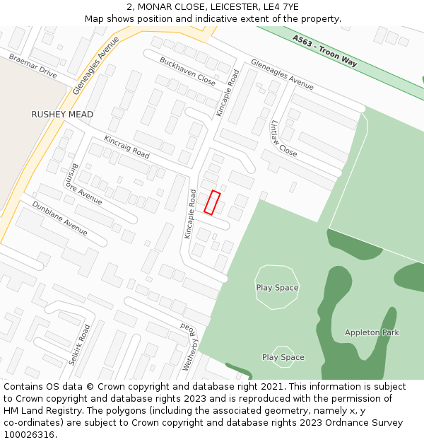 2, MONAR CLOSE, LEICESTER, LE4 7YE: Location map and indicative extent of plot