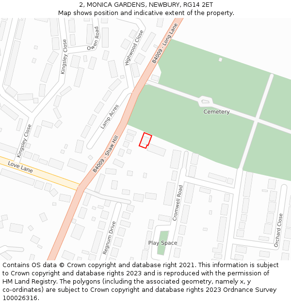 2, MONICA GARDENS, NEWBURY, RG14 2ET: Location map and indicative extent of plot