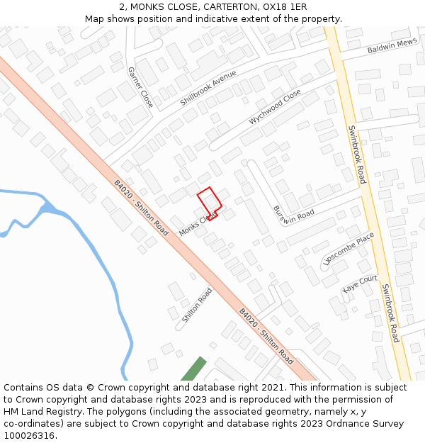 2, MONKS CLOSE, CARTERTON, OX18 1ER: Location map and indicative extent of plot