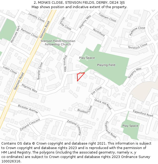 2, MONKS CLOSE, STENSON FIELDS, DERBY, DE24 3JS: Location map and indicative extent of plot