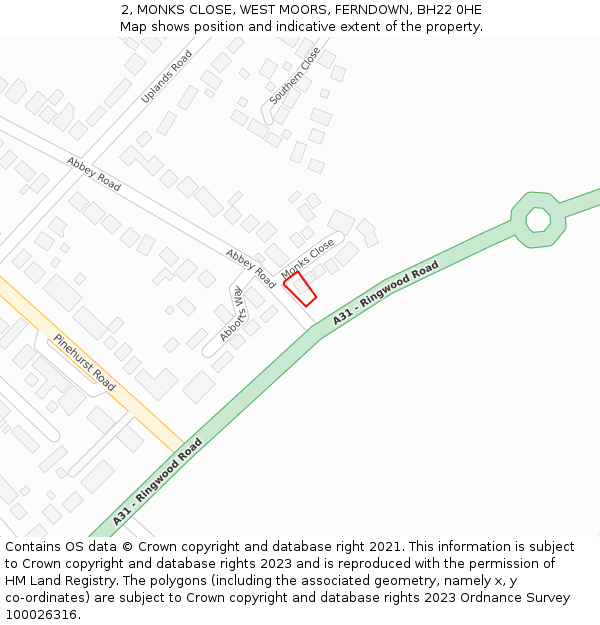 2, MONKS CLOSE, WEST MOORS, FERNDOWN, BH22 0HE: Location map and indicative extent of plot