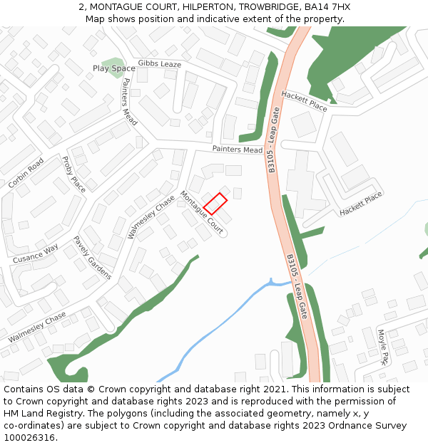 2, MONTAGUE COURT, HILPERTON, TROWBRIDGE, BA14 7HX: Location map and indicative extent of plot