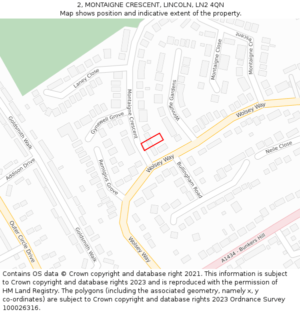 2, MONTAIGNE CRESCENT, LINCOLN, LN2 4QN: Location map and indicative extent of plot