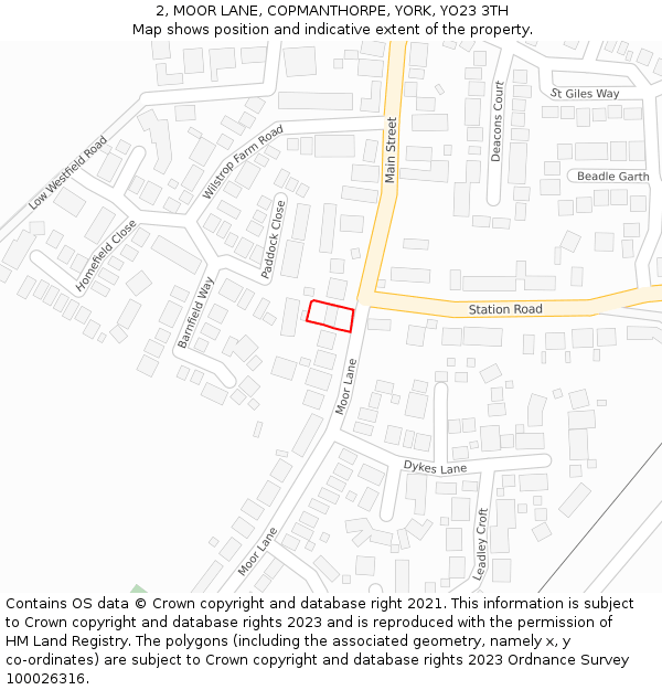 2, MOOR LANE, COPMANTHORPE, YORK, YO23 3TH: Location map and indicative extent of plot