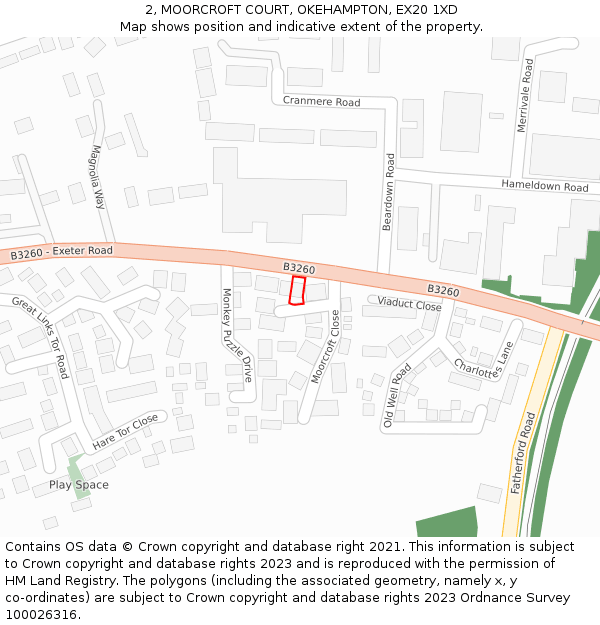 2, MOORCROFT COURT, OKEHAMPTON, EX20 1XD: Location map and indicative extent of plot