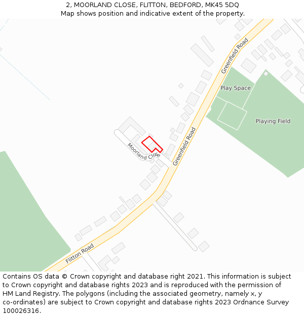 2, MOORLAND CLOSE, FLITTON, BEDFORD, MK45 5DQ: Location map and indicative extent of plot