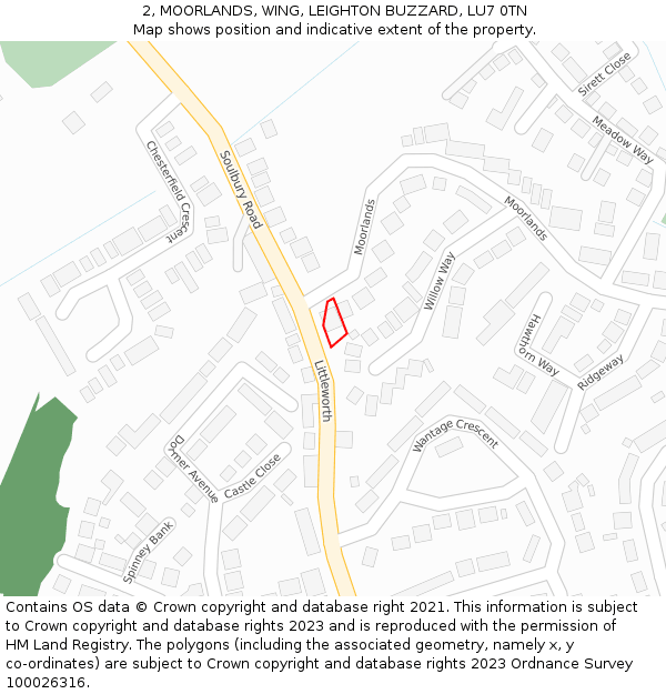 2, MOORLANDS, WING, LEIGHTON BUZZARD, LU7 0TN: Location map and indicative extent of plot