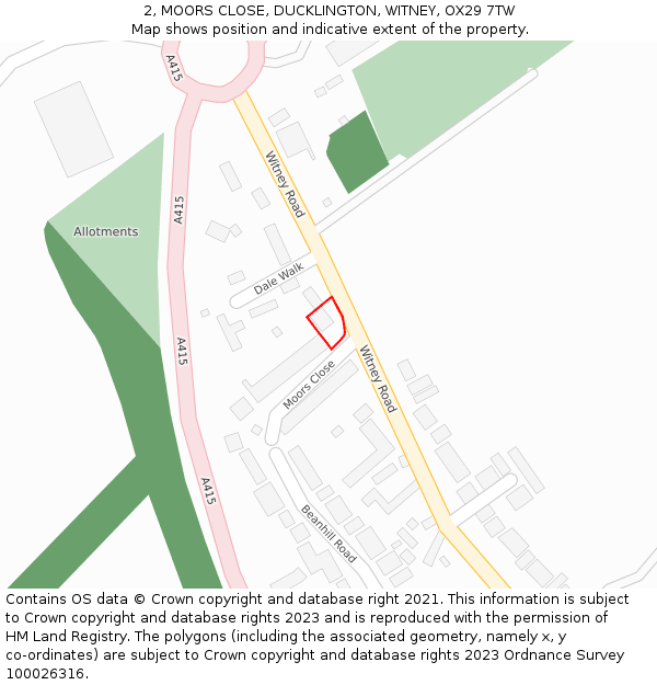 2, MOORS CLOSE, DUCKLINGTON, WITNEY, OX29 7TW: Location map and indicative extent of plot