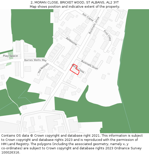 2, MORAN CLOSE, BRICKET WOOD, ST ALBANS, AL2 3YT: Location map and indicative extent of plot