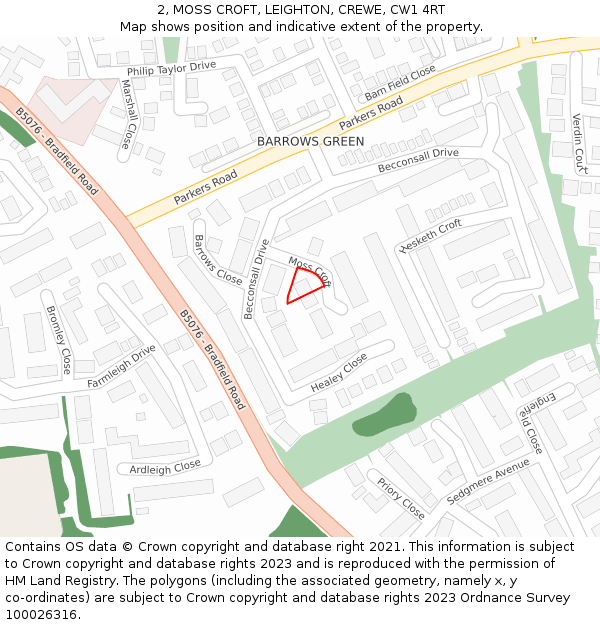 2, MOSS CROFT, LEIGHTON, CREWE, CW1 4RT: Location map and indicative extent of plot