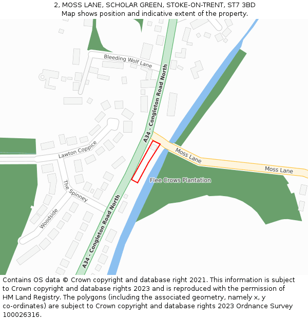 2, MOSS LANE, SCHOLAR GREEN, STOKE-ON-TRENT, ST7 3BD: Location map and indicative extent of plot