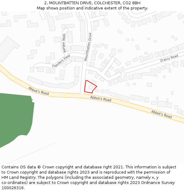 2, MOUNTBATTEN DRIVE, COLCHESTER, CO2 8BH: Location map and indicative extent of plot