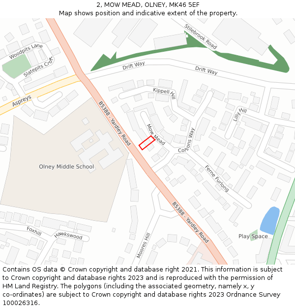 2, MOW MEAD, OLNEY, MK46 5EF: Location map and indicative extent of plot