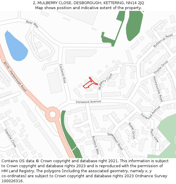 2, MULBERRY CLOSE, DESBOROUGH, KETTERING, NN14 2JQ: Location map and indicative extent of plot