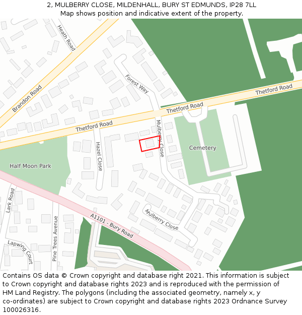 2, MULBERRY CLOSE, MILDENHALL, BURY ST EDMUNDS, IP28 7LL: Location map and indicative extent of plot