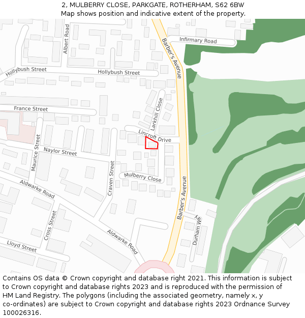 2, MULBERRY CLOSE, PARKGATE, ROTHERHAM, S62 6BW: Location map and indicative extent of plot