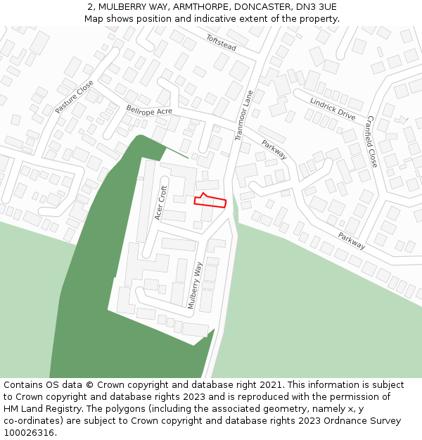 2, MULBERRY WAY, ARMTHORPE, DONCASTER, DN3 3UE: Location map and indicative extent of plot