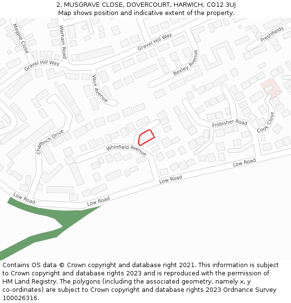 2, MUSGRAVE CLOSE, DOVERCOURT, HARWICH, CO12 3UJ: Location map and indicative extent of plot