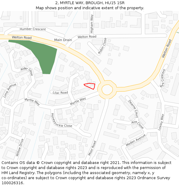 2, MYRTLE WAY, BROUGH, HU15 1SR: Location map and indicative extent of plot