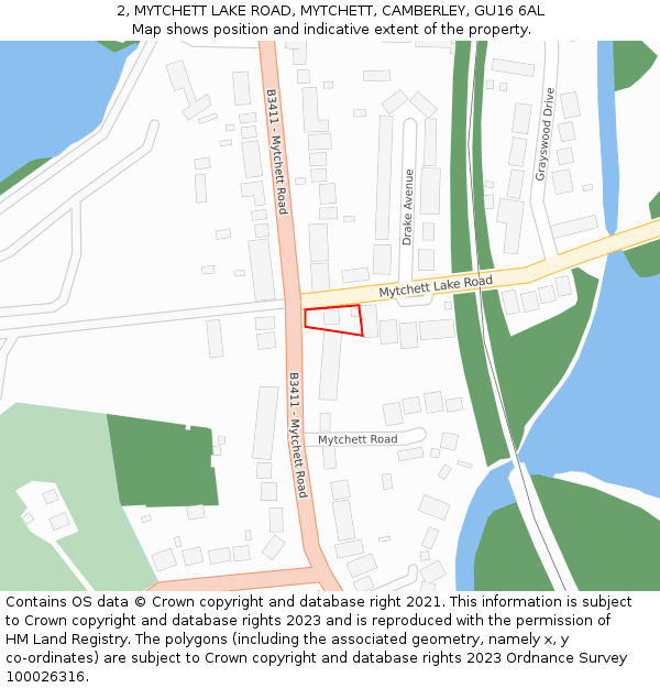 2, MYTCHETT LAKE ROAD, MYTCHETT, CAMBERLEY, GU16 6AL: Location map and indicative extent of plot