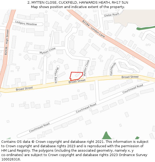 2, MYTTEN CLOSE, CUCKFIELD, HAYWARDS HEATH, RH17 5LN: Location map and indicative extent of plot