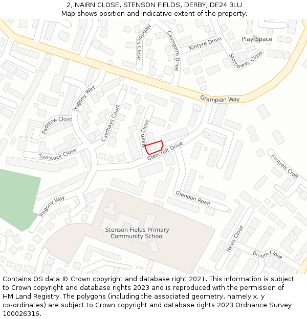 2, NAIRN CLOSE, STENSON FIELDS, DERBY, DE24 3LU: Location map and indicative extent of plot