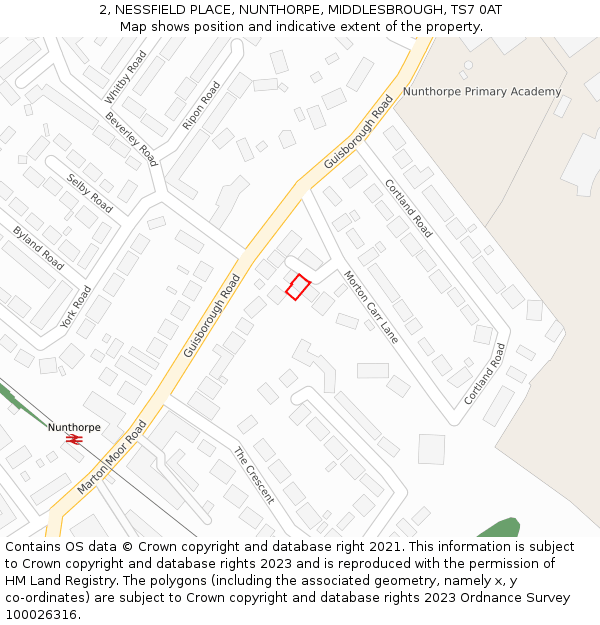 2, NESSFIELD PLACE, NUNTHORPE, MIDDLESBROUGH, TS7 0AT: Location map and indicative extent of plot